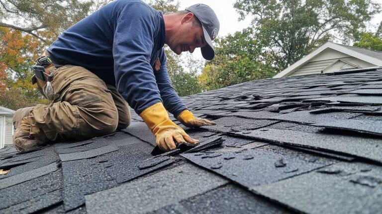 Close-up of different roof materials showing wear, such as curling shingles, faded tiles, and mossy wood shakes.